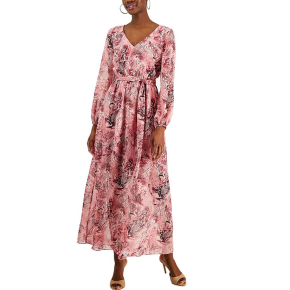 INC INTERNATIONAL CONCEPTS Maxi Dress Size 8 Pink Snake Print Long Sleeve NWT - Picture 1 of 12